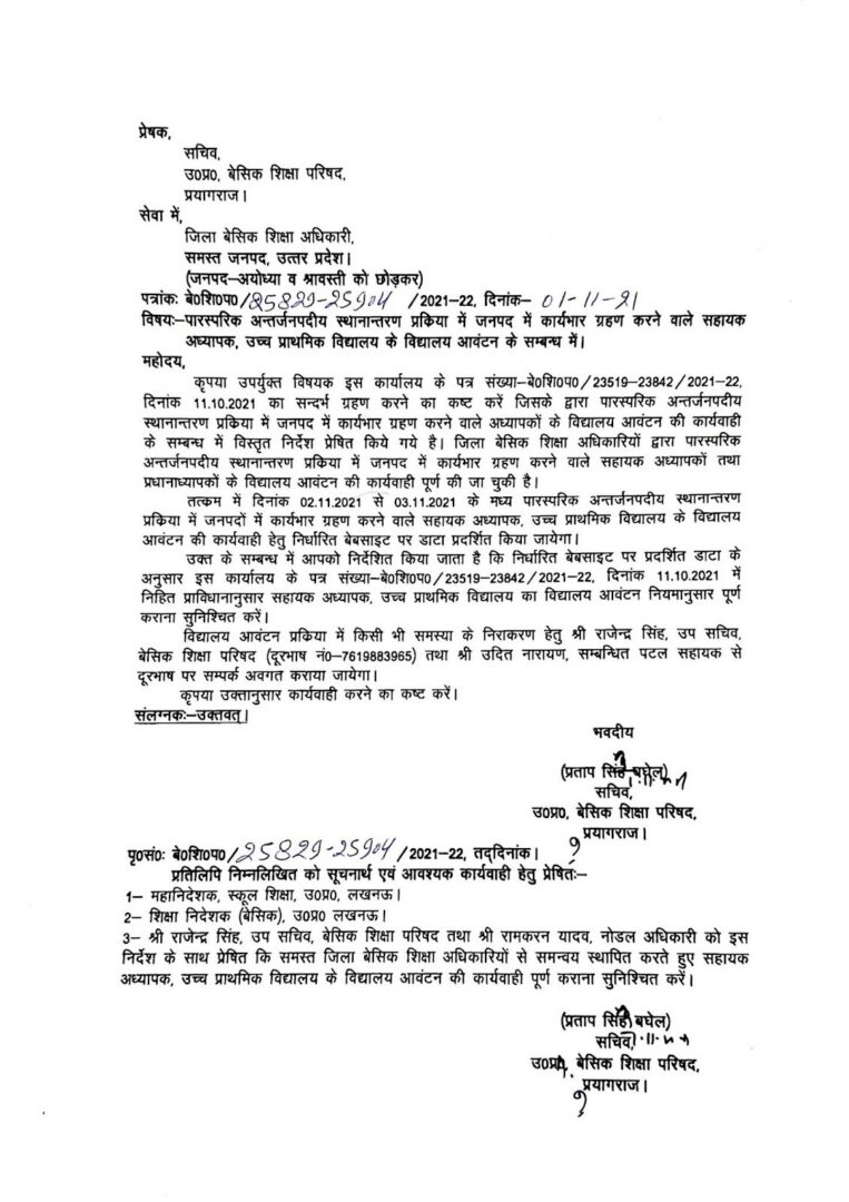 School Allotment Ups अंतर्जनपदीय म्यूच्यूअल ट्रांसफर प्रक्रिया से जनपद में कार्यभार ग्रहण करने