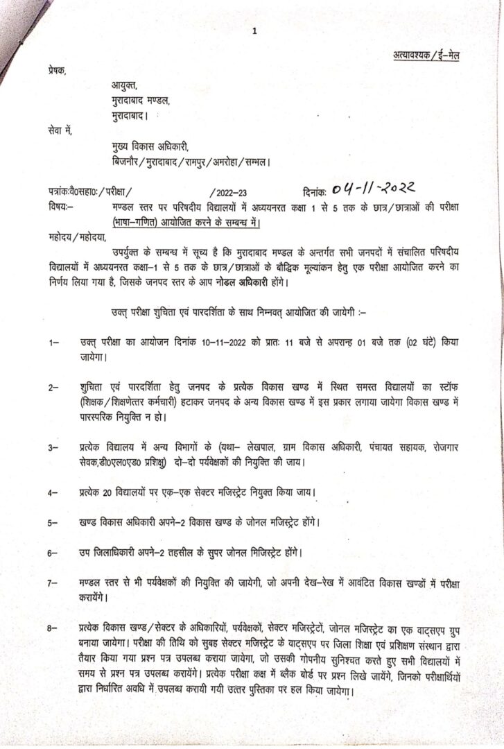 मण्डल स्तर पर परिषदीय विद्यालयों में अध्ययनरत कक्षा 1 से 5 तक के छात्र छात्राओं की परीक्षा भाषा